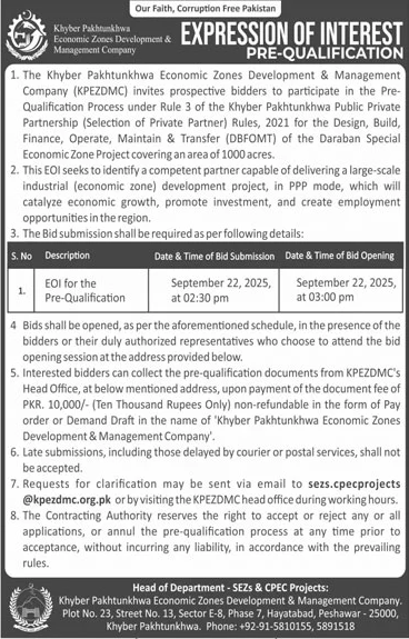 Khyber Pakhtunkhwa Economic Zones Development & Management Company Peshawar Tender Notice